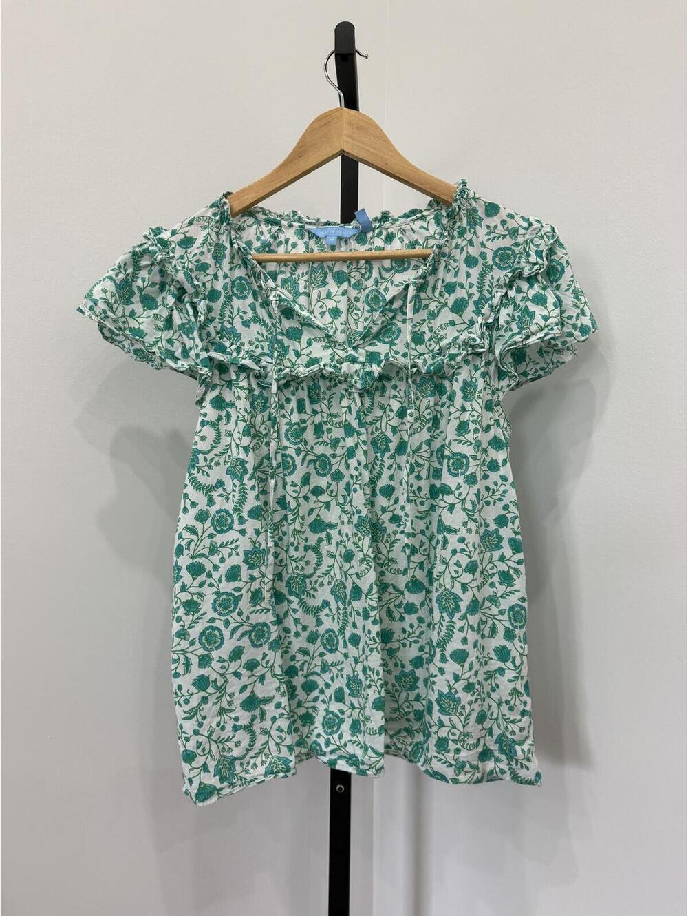 Draper James Medium Flutter Green and White Floral Short Sleeve Blouse - Picture 2 of 7